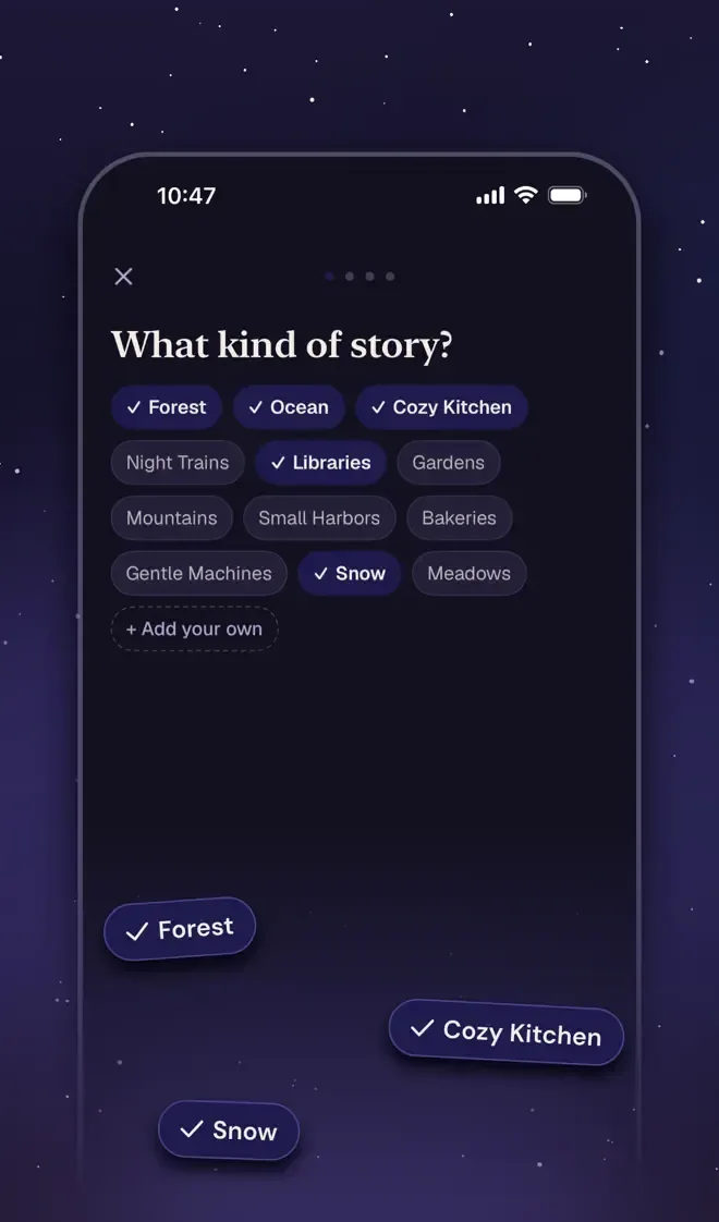 The theme picker: forest, ocean, cosy kitchen and more